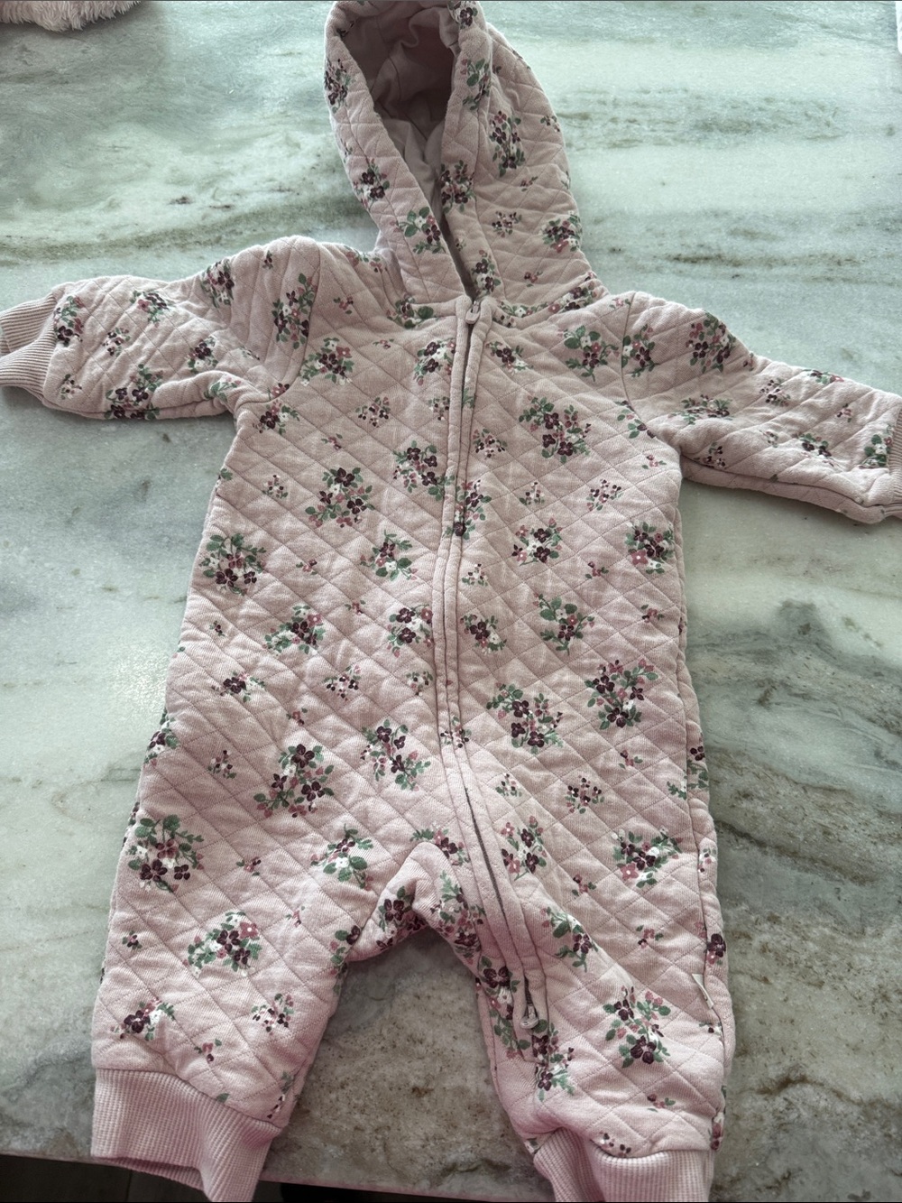 Pink Quilted Floral Hooded Baby One-Piece